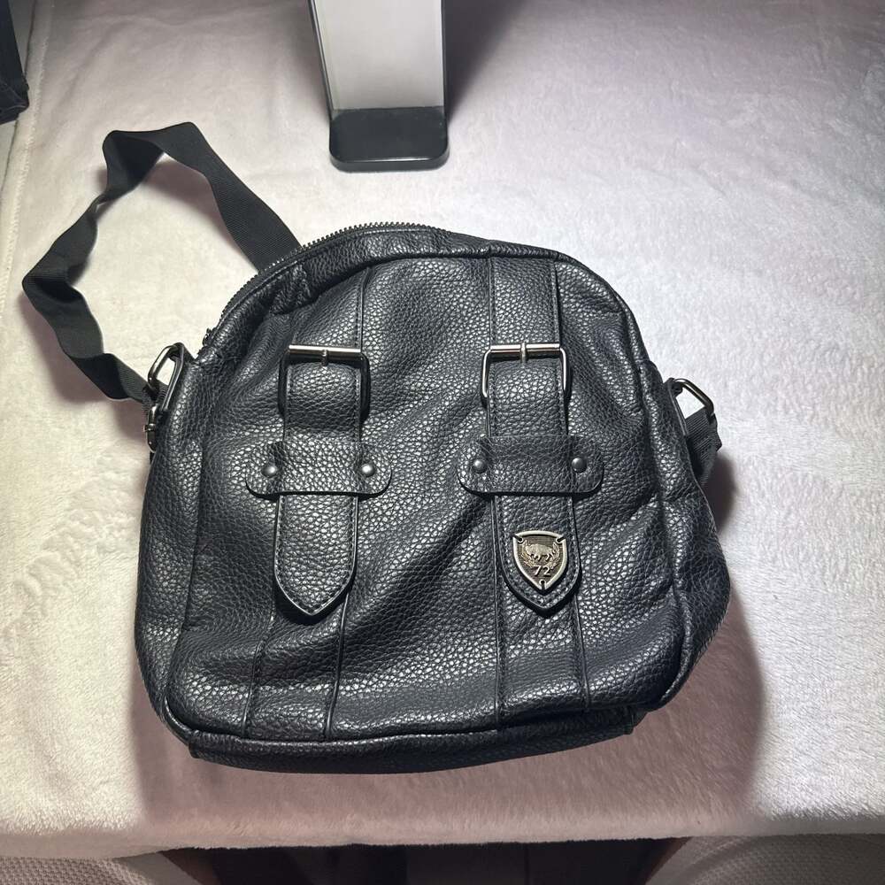 Black Faux Leather Crossbody Bag with Buckle Details and Emblem